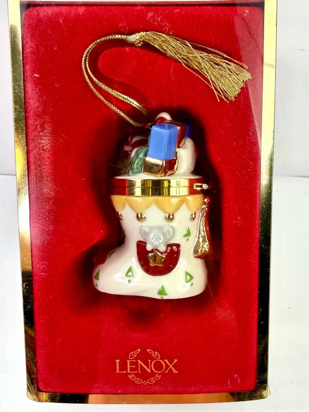 VTG Lenox Christmas Stocking Hinged Porcelain Trinket Box Ornament with/Box NOS